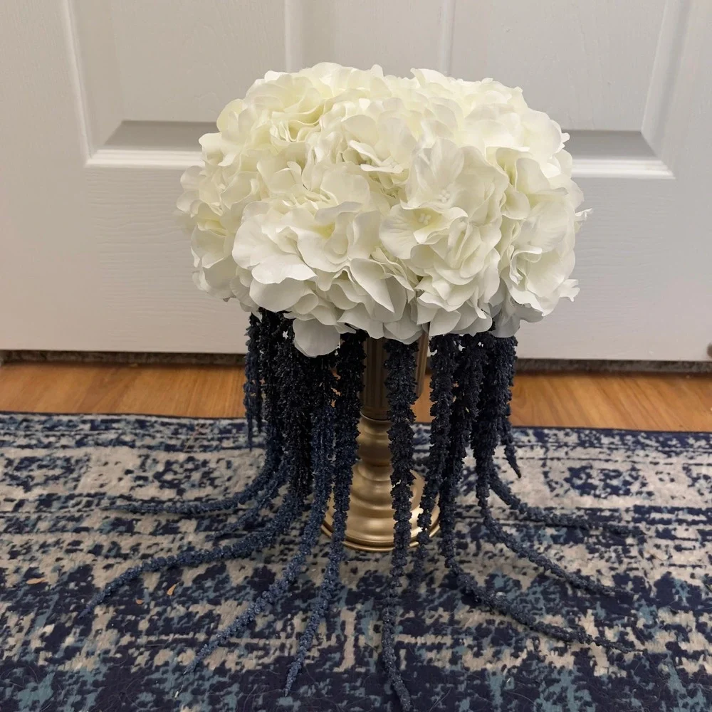 White Hydrangea and Blue Cascading Floral Centerpiece Arrangement in‎ Gold Urn